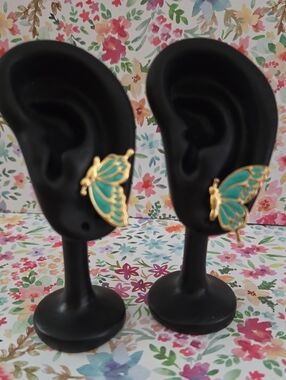 Gold and Teal Butterfly Earrings - Women Jewelry
